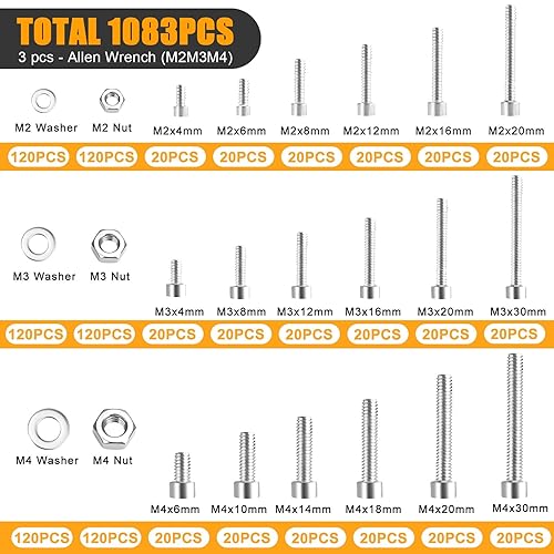 Viti Cilindriche Con Esagono Incassato - Set 1080 Pezzi M2 M3 M4 Bulloni e Dadi a Testa Esagonale Bussola - Chiavi a Brugola Incluse - Honorern
