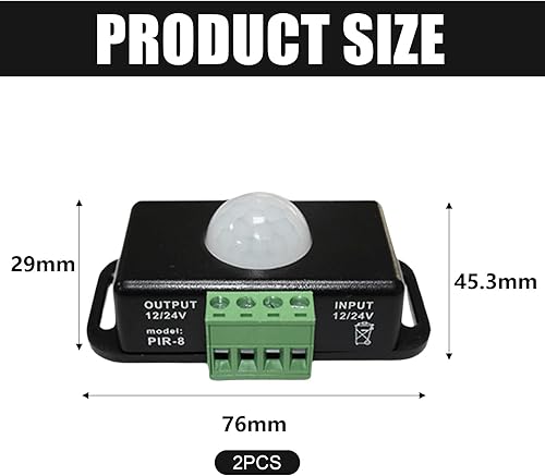 2 sensori di movimento a LED, DC 12 V, 24 V, nero, sensore di movimento a infrarossi, sensore PIR, interruttore automatico senza fili, per strisce LED - Honorern