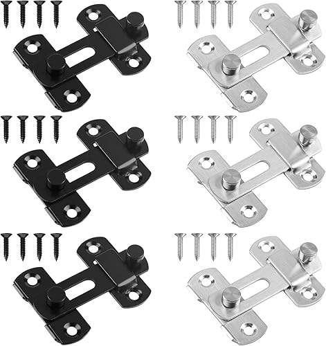 6 Pezzi Chiavistello Porta Scorrevole 180 Gradi Serratura Porta in Acciaio Inossidabile Chiusura Della Porta Scorrevole con Viti e Cacciavite per Porte, Finestre, Giardino (Nero, Argento) - Honorern