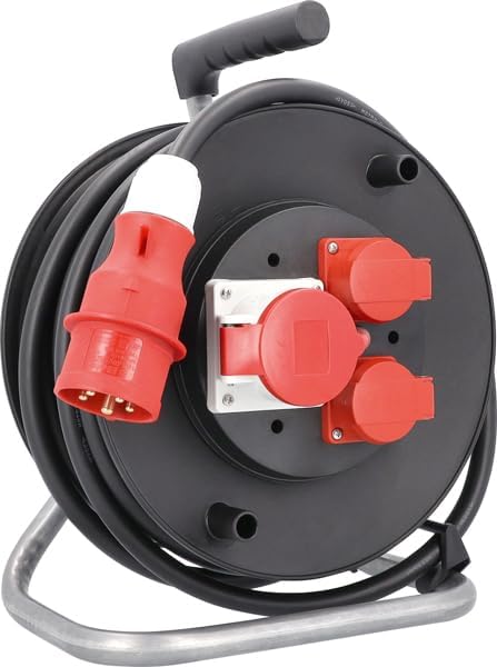 as - Schwabe CEE 10155 - Avvolgicavo 25 m, H07RN-F 5G1,5, 2 prese con contatto di protezione 230 V, 1 presa CEE a 5 poli, 400 V 16 A, coperchio ribaltabile, per esterni e cantieri, colore: Nero - Honorern