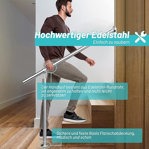 Corrimano in acciaio inox, ringhiera da 100 cm, montaggio laterale, corrimano da parete regolabile, incluso materiale di montaggio, ringhiera per scale per interni ed esterni - Honorern