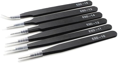6 Pinzette di Precisione Anti-Statiche in Acciaio Inossidabile Nero, Set di 6 Pinzette di Precisione per Elettronica, Gioielleria, Laboratorio - Honorern