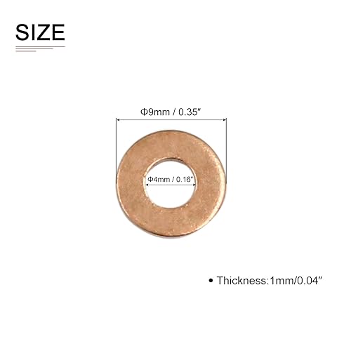 4mmx9mmx1mm(IDxODxT) Piatto Rame Tenuta Rondelle - 50pz - Buono per Macchinario Industriale M4 Viti - Rame Piatto carrello Guarnizioni - Honorern