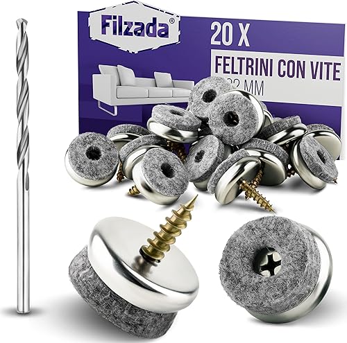 20x Feltro aliante con vite - Ø 22 mm - Piedini professionali per sedia/protezioni per le gambe della sedia in feltro con vite - incl. trapano - Honorern