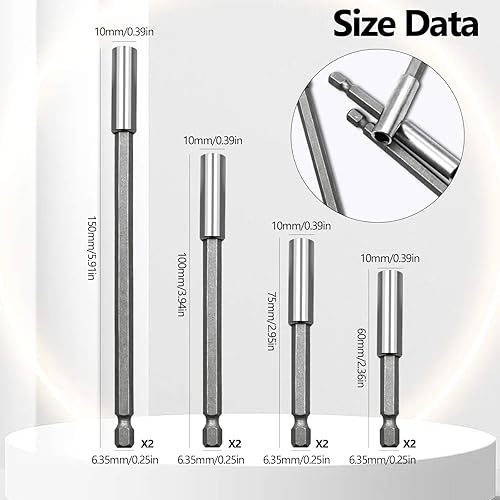 8PCS Asta di Prolunga Magnetica 1/4 'Bit di Estensione Portapunte Magnetico Lang Portapunte 60/75/100/150mm per Cacciavite Avvitatore Elettrico - Honorern