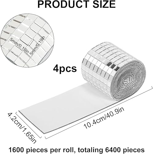 6400 specchietti a mosaico, 4 rotoli di mini pietre per mosaico a specchio, autoadesive, mini mirror per piastrelle da discoteca, fai da te, decorazione da parete, 5 x 5 mm - Honorern