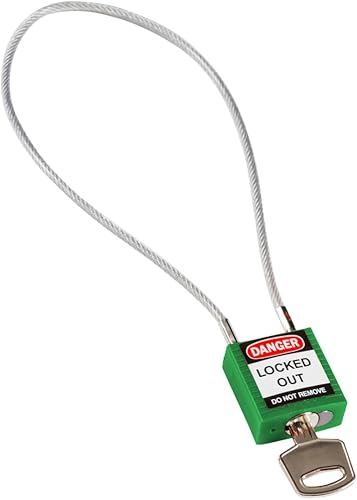 Brady Lucchetto con Cavo Compatto Confezione da 1 - Lucchetto di Sicurezza Lockout Tagout - Chiavi Diverse - 32mm x 35mm x 16mm - Lunghezza del Cavo 400mm, Verde - Honorern