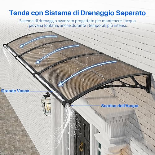 Pensilina da Esterno 80x100 cm in Policarbonato con Grondaia Integrata, Baldacchino Tettoia per Porta, Finestra e Veranda, con Protezione UV, Antipioggia e Antineve - Honorern