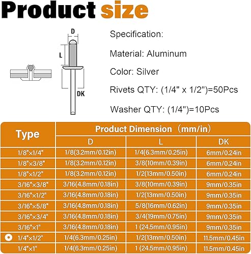 60 Pezzi Rivetti Ciechi in Alluminio 6,4 × 12,7 mm con Rondelle Rivetti Pop Ciechi Ribattini Rivetto Aperti Blind Rivets (Argento) - Honorern