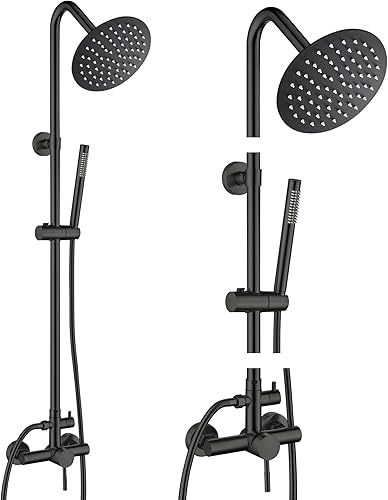 Colonna Doccia con Miscelatore Nera, Colonna Doccia con Soffione e Doccetta Altezza Regolabile, Acciaio Inox - Honorern