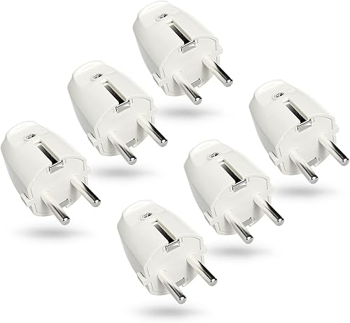 ABSINA 6x Spina schuko maschio bianca con scarico della trazione - Spina di sicurezza in PVC 230V, 2 poli, 16A e 3,7kW - Spina di sicurezza IP20 per uso interno - spina volante schuko per cavo 230V - Honorern