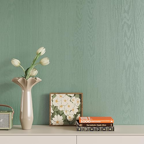 VEELIKE Carta da Parati Effetto Legno Verde Fumo Carta Adesiva per Mobili Legno Pellicola Adesiva Legno Verde Salvia per Armadi da Cucina Impermeabile Camera da Letto Armadi Scrivania 40cm×300cm - Honorern