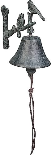 Relaxdays Campanella da Parete in Ghisa, Campana da Appendere, con Corda, Design Vintage, 20 x 10 x 13 cm, Verde Scuro - Honorern