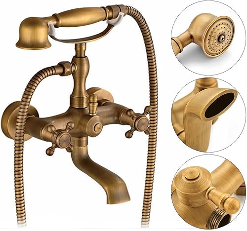 Rubinetto per vasca da bagno in ottone anticato, con doccetta e doccetta in ottone anticato, montaggio a parete, due maniglie - Honorern