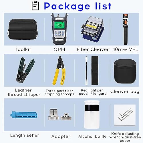 Kit di strumenti per fibra ottica, kit di strumenti FTTH 11 in 1 con mannaia FC-6S, misuratore di potenza ottica, localizzatore visivo di guasti Spellafili per fibra ottica da 10 km - Honorern