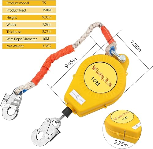 Dispositivo di protezione anticaduta retrattile, 10 m, in lega di acciaio, protezione contro le cadute, carico 150 kg, guinzaglio di salvataggio autoretrattile per lavori all'aperto in altezza - Honorern