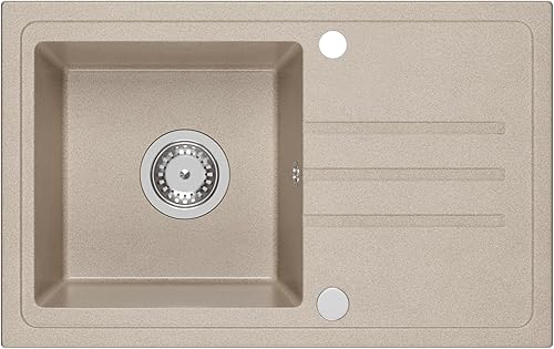 Lavello in granito beige con rubinetto, 70 x 44 cm, lavello singolo da incasso screziato, reversibile, in granito - Honorern