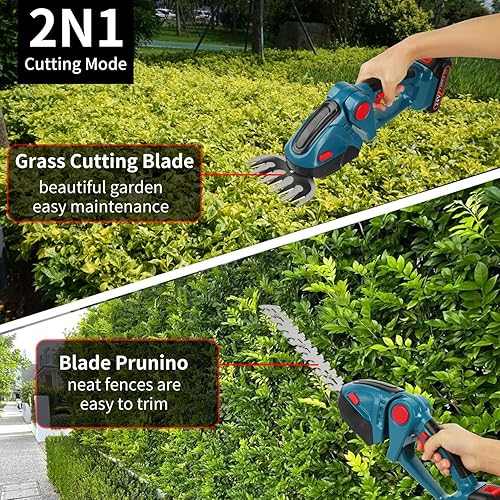 Tagliasiepi Elettrico 2 in 1, Forbici Tagliaerba e Disposizione, Tagliasiepi Batteria 24V 2000mAh Caricabatterie Utensili da Giardino, Forbici da Potatura, Forbici da Prato (giallo, 1-batteria) - Honorern