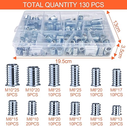 130 Pezzi in Totale Inserti Filettati, Boccole Filettate per Legno, Inserto Filettato M6/M8/M10, Inserire Dadi Manicotto da Avvitare Filettata, Boccole Filettate Esagonale, per Mobili In Legn - Honorern