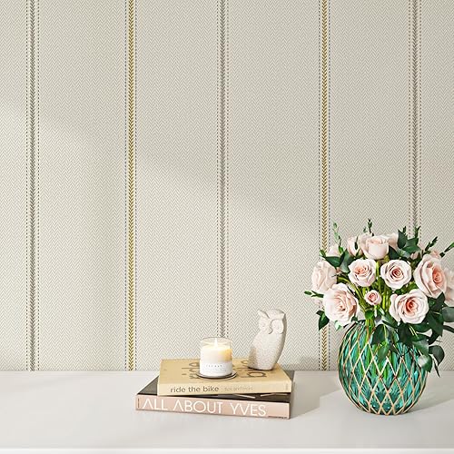 Livelynine Carta da Parati Camera da Letto Righe Beige Carta da Parati Autoadesiva Muro Retro 40CMx5M Carta Adesiva per Mobili Cucina Lavabile Rivestimento Parete Adesivo Soggiorno Effetto Tessuto - Honorern