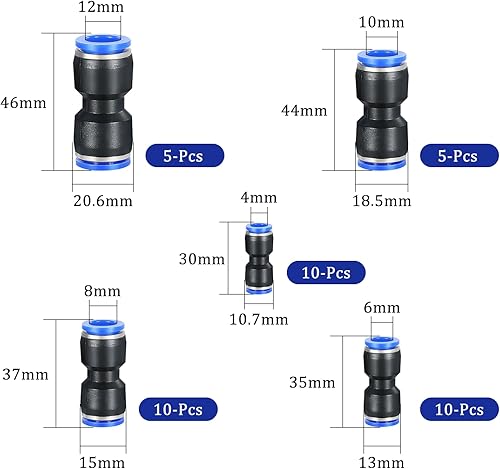 40 Pezzi Raccordi Aria Compressa Dritto 4,6,8,10,12 mm Attacchi Rapidi Arià Compressa in Plastica Riduttori Ràccordi Pneumatici Pneumatica Raccordo Rapidi per Tubo Aria Vuoto - Honorern