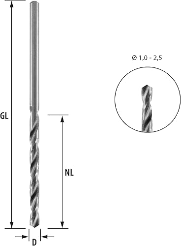 ENT 50025 5 pezzi HSS-G Punta premium per legno con Ø 2,5 mm, lunghezza di lavoro 29 mm, lunghezza totale 56 mm - Honorern