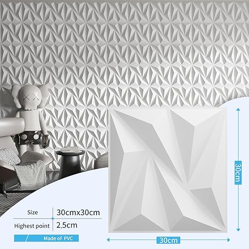 3D 3D pannelli murali decorazione murale interna con nastro adesivo in PVC diamantato per soggiorno foyer camera da letto hotel ufficio 30 x 30 cm 50 pezzi Bianco - Honorern