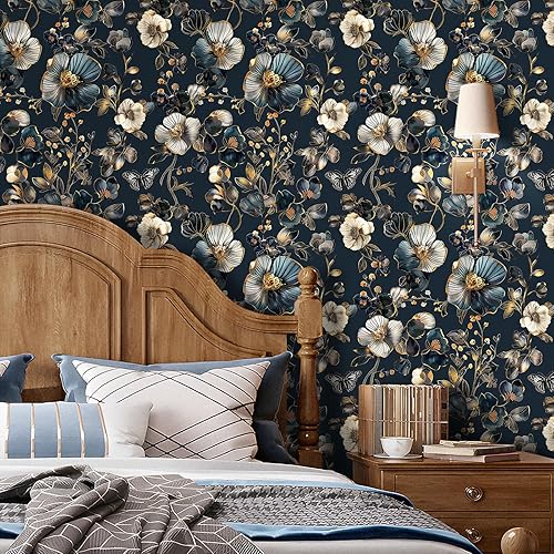 Livelynine Carta da Parati Adesiva Muro Floreale Blu Oro Pellicola Adesiva per Mobili Fantasia Blu Scuro con Fiori Farfalle Foglie Carta Parati Adesivi Muro Fiori Camera da Letto Soggiorno 44.5CMx2M - Honorern