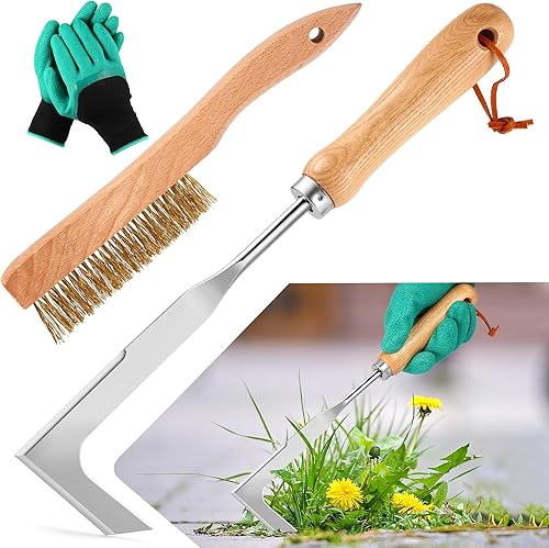 2pcs Estirpatore Erbacce Manuale con Guanti - Raschietto e Spazzola per Erbacce con Manico Ergonomico Legno e Attacco Lama Rinforzato, Attrezzi da Giardino per Cortili, Vialetti - Honorern