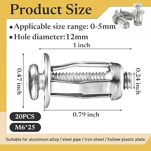 20 Pcs Tasselli per Cappotto Esterno M6 x 25 mm Viti a Petalo Tasselli ad Espansione Tasselli per Cartongesso Set di Tasselli a Cavità Durevoli per Decorazioni Domestiche,Montaggio a Parete - Honorern