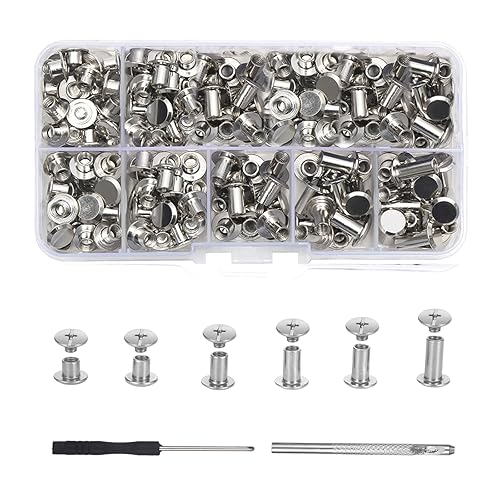 Set di 110 rivetti a vite neri con scatola di assortimento, viti per libri in acciaio inox, set di viti Chicago, 6 misure, M5 x 4/5/6/8/10/12 mm, rivetti in pelle, borchie per borse in pelle, zaini - Honorern