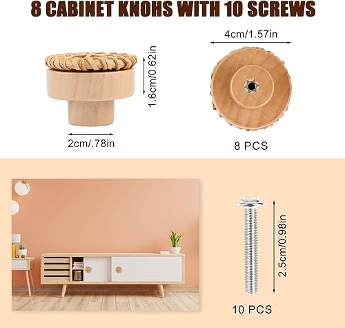 Pomelli per mobili in rattan, 6 pezzi, 40 mm, in rattan, cassetti, cassetti, in legno boho, decorativi, in legno naturale, maniglie per mobili in legno, per armadietti - Honorern