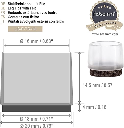 Adsamm® / 16 x puntali avvolgenti esterni con feltro / trasparenti / Ø 15 - 16 mm / tondi / piedini in EVA con base in feltro per gambe di mobili tonde / puntali protettivi per arredi Adsamm® Quality - Honorern