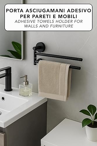 Porta Asciugamani Adesivo da Parete o Mobili Bagno - 2 POSTI - Non Necessita Foratura - 180° - Design Moderno - Doppio Braccio Mobile - Porta Salviette da Muro da Incollare Bagno, Doccia, Casa - Honorern