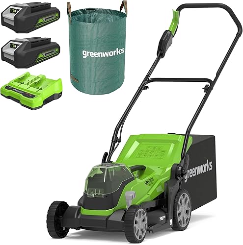 Greenworks G24X2LM36K2X Tagliaerba a Batteria, Ampiezza di Taglio 36cm, Sacca da 40L CON Due Batterie 2 x 24V (Pari a 48V) & Caricabatterie Doppio + Greenworks Tools Sacco da giardinaggio da 120l - Honorern