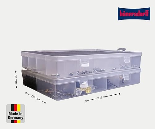 hünersdorff PP-Eco scatola di assortimento con 12 scomparti | robusta scatola di smistamento per viti e altre piccole parti | divisione fissa degli scomparti | 23,3 x 33,9 x 5,8 cm, trasparente - Honorern