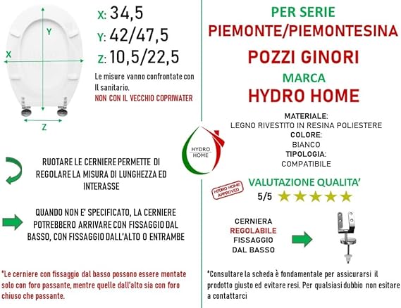 Tavoletta Wc Compatibile con PIEMONTE e PIEMONTESINA POZZI GINORI, Copriwater In Legno Rivestito Con 2 mm Di Resina, Cerniere Fissaggio Dal Basso MADE IN ITALY (WHISKY) - Honorern