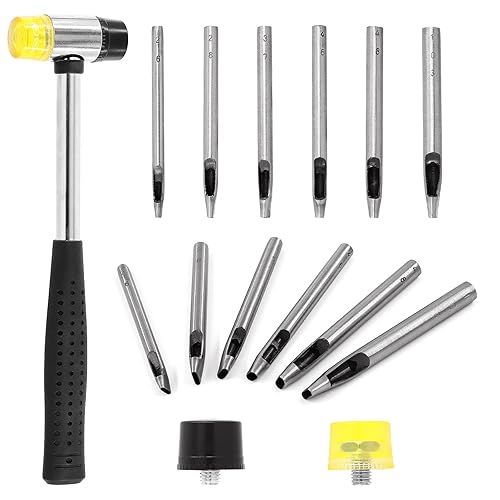 Set di 6 punch cavi in pelle, 2 – 10 mm, in pelle, ovale, foro e martello morbido a doppia faccia, punzonatura e martello in gomma, con 2 pezzi, testa di ricambio per cuoio Crafting - Honorern