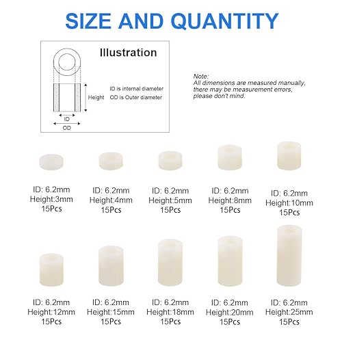 Distanziatori Rotondi in Plastica ABS per Viti M3, Diametro Esterno 11 mm, Interno 6,2 mm, da 3 mm a 25 mm - Honorern