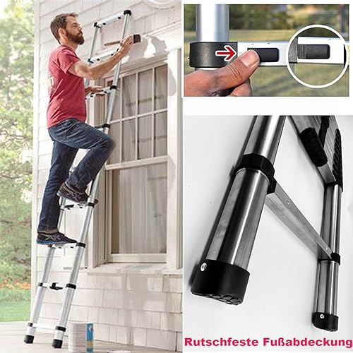 Scala telescopica da 4, 4 m, con gancio, in acciaio inox, pieghevole, antiscivolo, design telescopico, in acciaio inox di alta qualità, portatile, leggera, portata 150 kg EN131 - Honorern