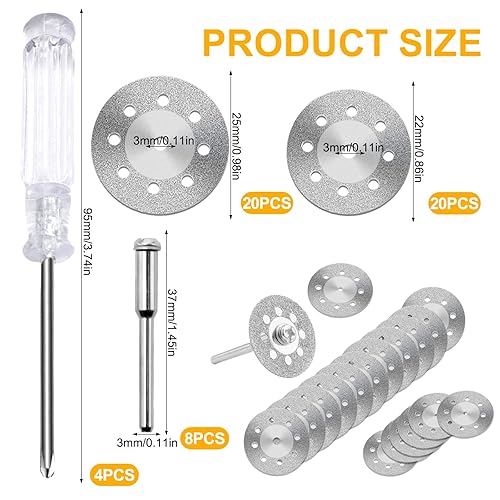 Pilikoll 40 Pezzi 22mm & 25mm Disco Diamantato di Taglio Mini Metallo Sega Disco da Taglio Ruota set con 8 Pezzi 3 mm Mandrino e 4 Pezzi Cacciavite per Legno Piastrelle Vetro Metallo Pietre Ferro - Honorern