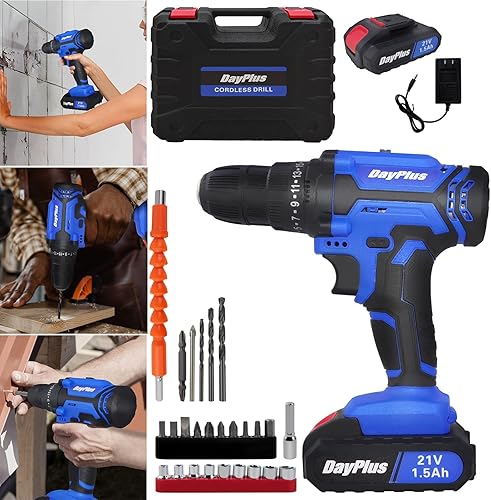 Trapano avvitatore elettrico con 1 batteria 21 V e 1,5 Ah, 42 Nm max trapano batteria, 2 velocità, 25+1 regolazione coppia, mandrino da 10 mm, luce LED, per casa e fai da te - Honorern