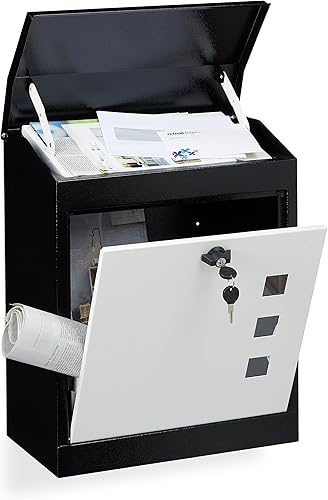 Relaxdays Cassetta Postale da Parete Grande, Acciaio, Lamina Anti-prelievo, Serratura, HxLxP: 53x43,5x26 cm, Nero Bianco - Honorern
