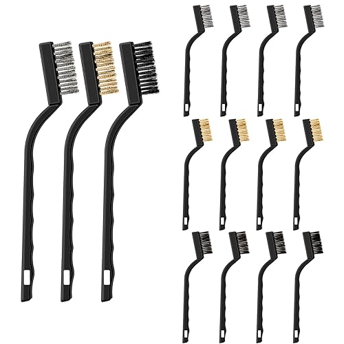 12 Pezzi Spazzola Metallica Piccola Include Mini Spazzola in Acciaio Spazzola in Ottone Spazzola in Nylon con Manico Curvo in Plastica Nera per Pulizia Macchie Olio Ruggine Polvere Vernice - Honorern