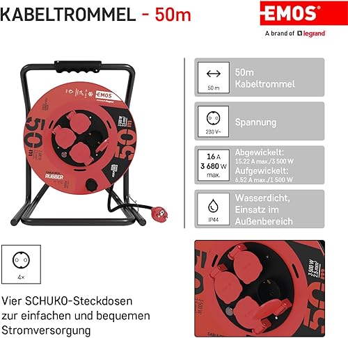 EMOS P19221 Avvolgicavo 50m-4 Prese Schuko-Impermeabile, Urti, Resistente alle temperature-230 V, 15 A, 3500 W-Isolamento in gomma-H05RR-F 2,5 mm2-IP44 per Esterni, Grigio, Blu, Nero - Honorern