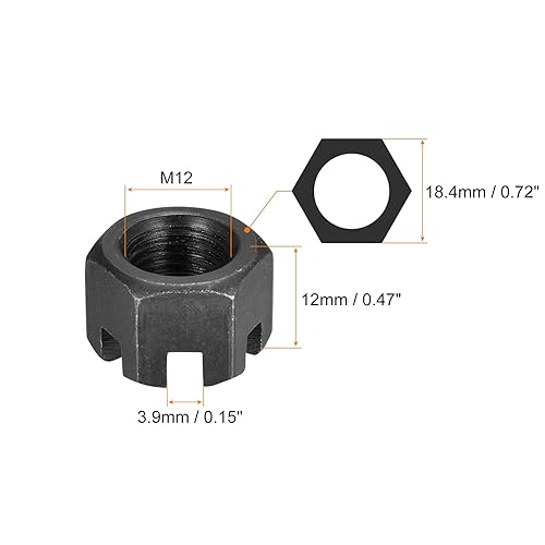 Dado Esagonale Scanalato M12x1,25mm Dadi Esagonali in Acciaio al Carbonio Grado 4.8 Nero 12 Pezzi - Honorern
