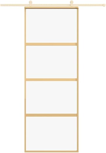 Porta,Scorrevole,con Set Binario,Kit Montaggio,in Vetro ESG e Alluminio,Oro e Trasparente,102,5x205 cm,Set Porte Sorrevoli con Kit Binario,Porta Scorrevole in Vetro e Alluminio - Honorern