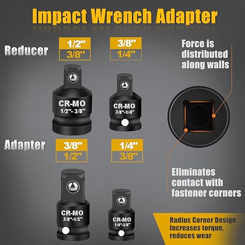 4PCS Adattatori Bussola, ELEPRUC 1/4' & 1/2' a 3/8', 3/8' a 1/4' & 1/2' Adattatori Chiave Cricchetto, CR-MO Riduttori per Chiavi a Cricchetto o Dinamometrica - Honorern