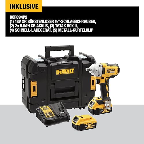 DEWALT DCF894P2-QW Avvitatore ad impulsi attacco 1/2” 18V - DOTAZIONE: 2 batterie XR Litio 5.0Ah, caricabatterie, valigetta TSTAK. - Honorern