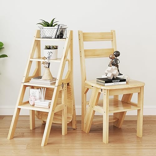 Sedia pieghevole per biblioteca, in legno, con scaletta, in legno, pieghevole, 4 gradini - Honorern